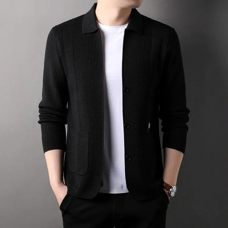 🔥Men's Lapel Collar Knit Cardigan, Autumn Spring Casual Solid Color Striped Sweater Coat With Pockets