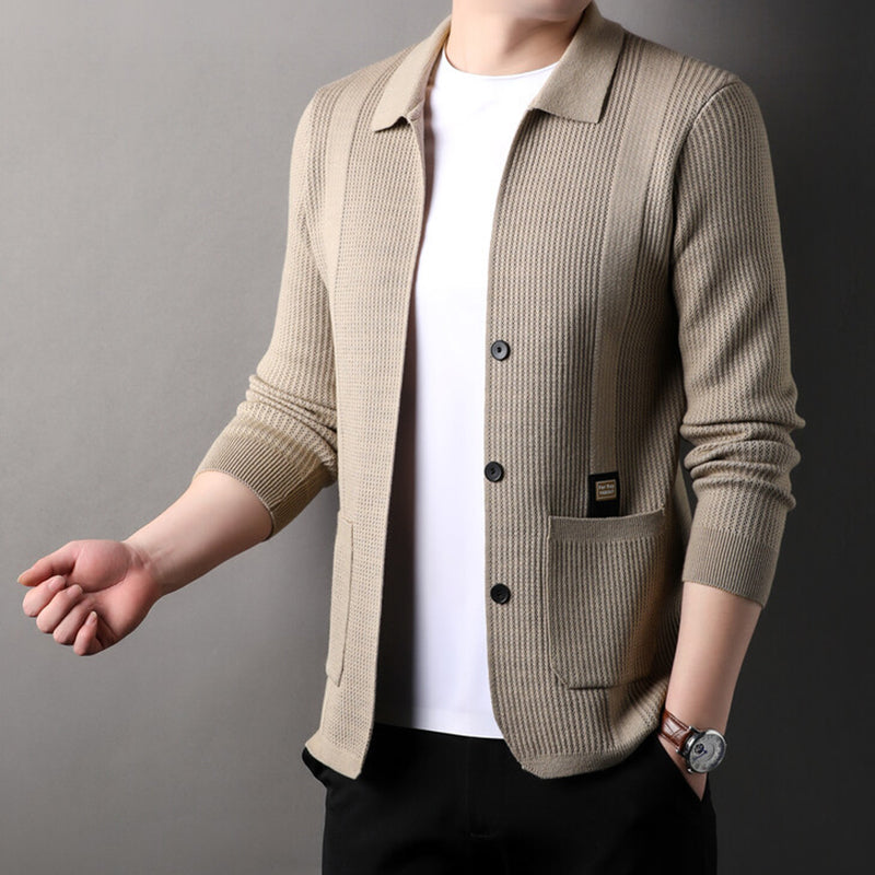 🔥Men's Lapel Collar Knit Cardigan, Autumn Spring Casual Solid Color Striped Sweater Coat With Pockets