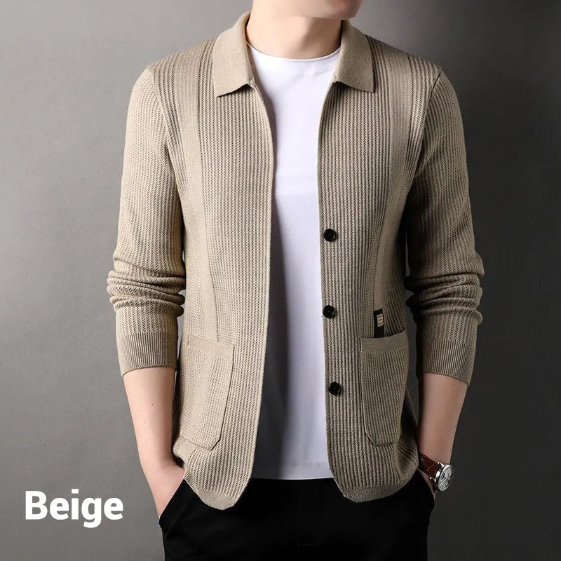 🔥Men's Lapel Collar Knit Cardigan, Autumn Spring Casual Solid Color Striped Sweater Coat With Pockets