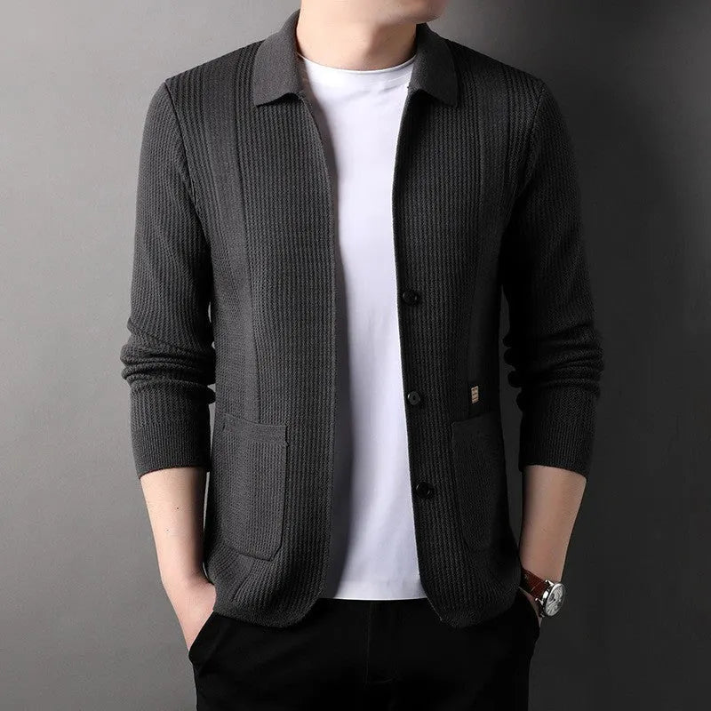 🔥Men's Lapel Collar Knit Cardigan, Autumn Spring Casual Solid Color Striped Sweater Coat With Pockets